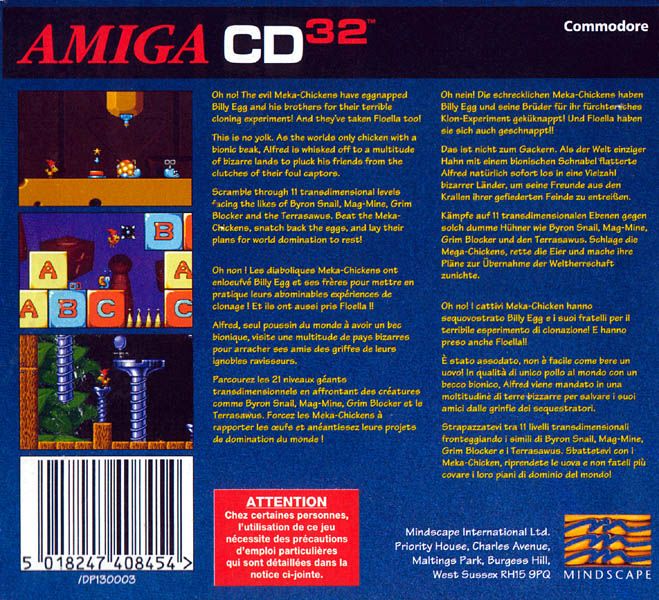 Alfred Chicken box art for Amiga CD32